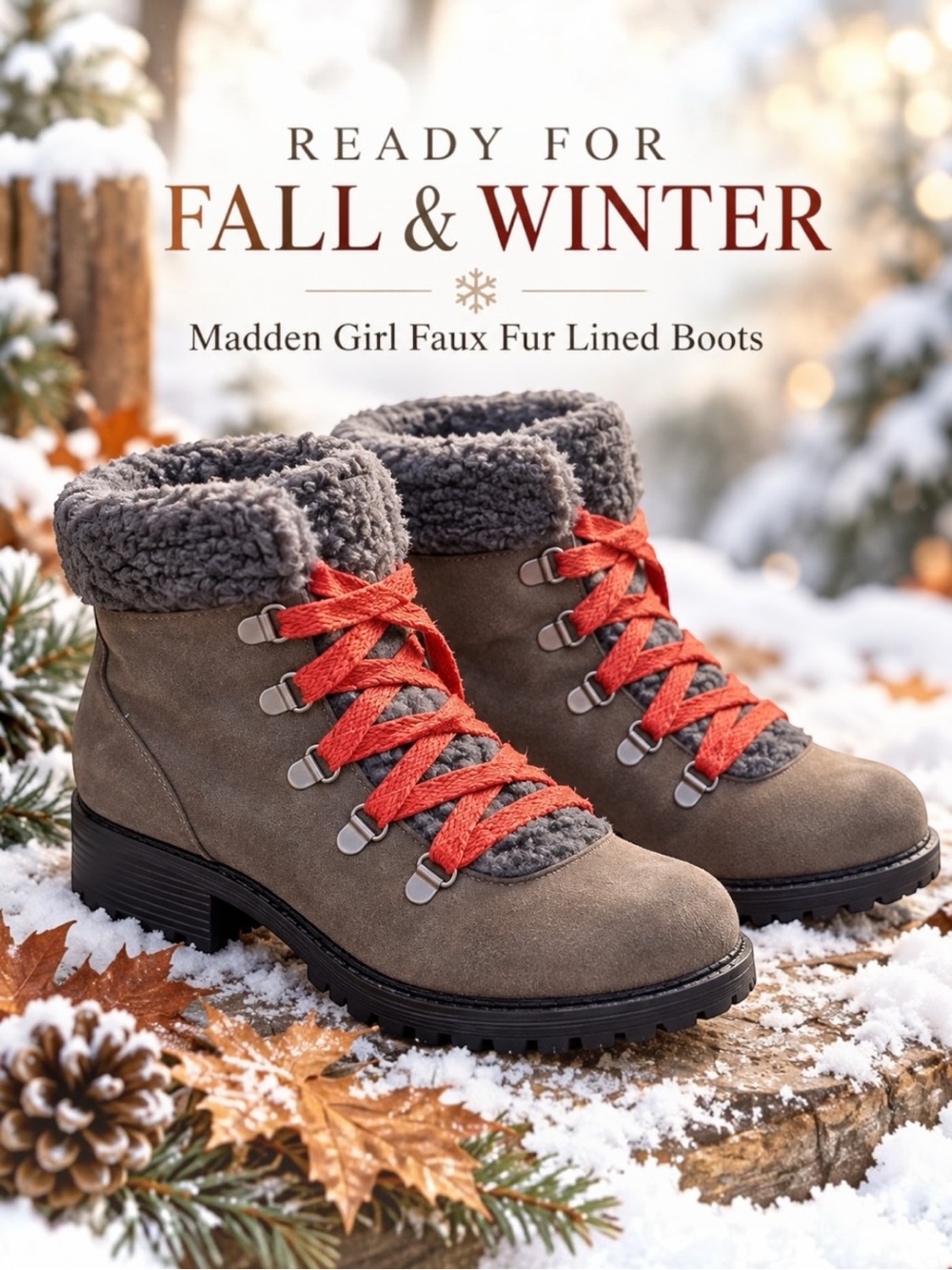 Madden Girl Taupe Faux Fur Lined Lace Up Winter Boots Size 9